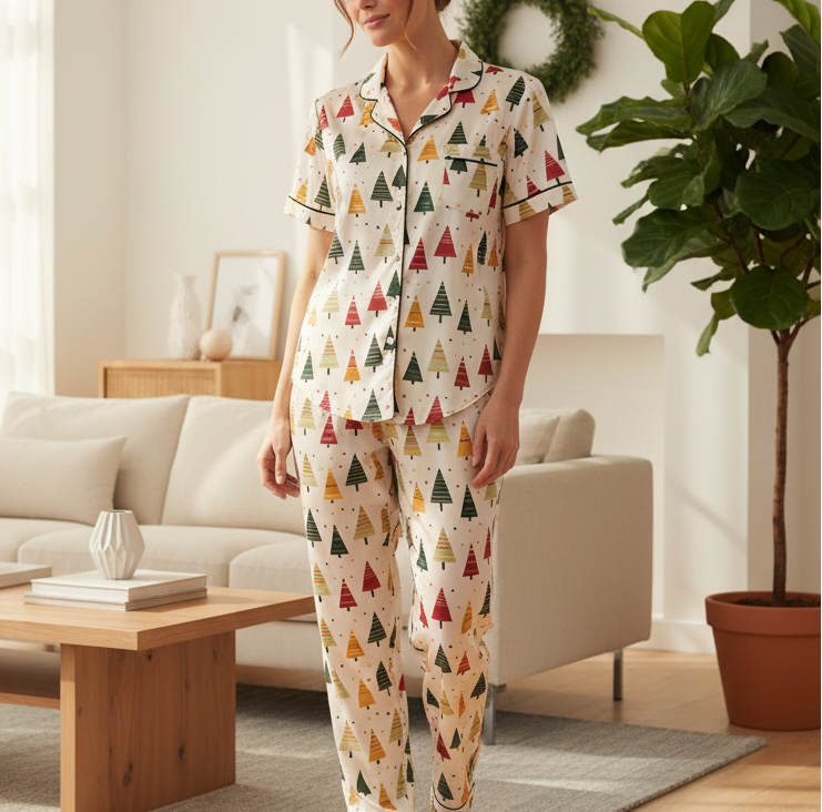 Person wearing a patterned pajama set in a living room.