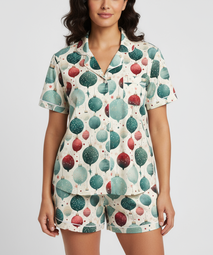 Woman wearing a pajama set with a colorful ball pattern on a plain background