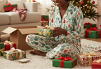 Person in festive pajamas surrounded by Christmas presents in a living room.