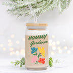 Tumbler with 'Mommy Gardener' text and floral design on a light background