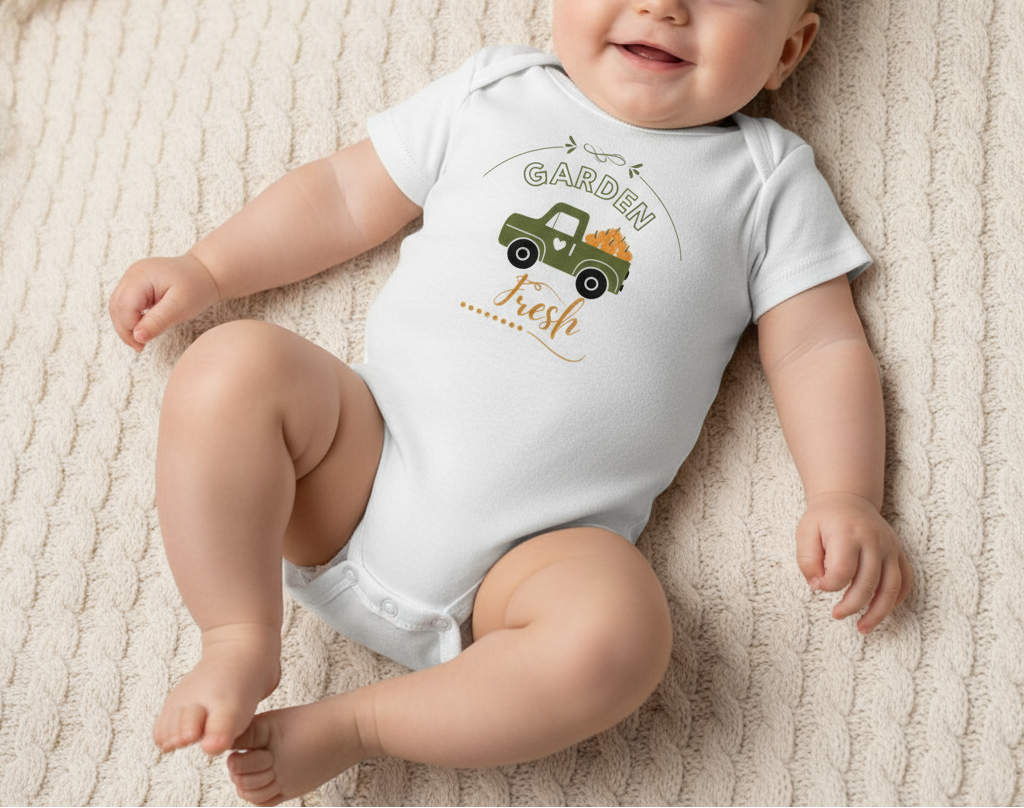 Baby wearing a white onesie with a green truck design on a textured beige blanket