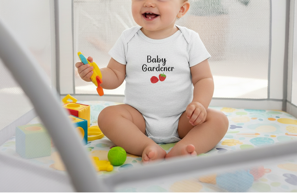 Baby in a 'Baby Gardener' onesie sitting on a play mat with toys.