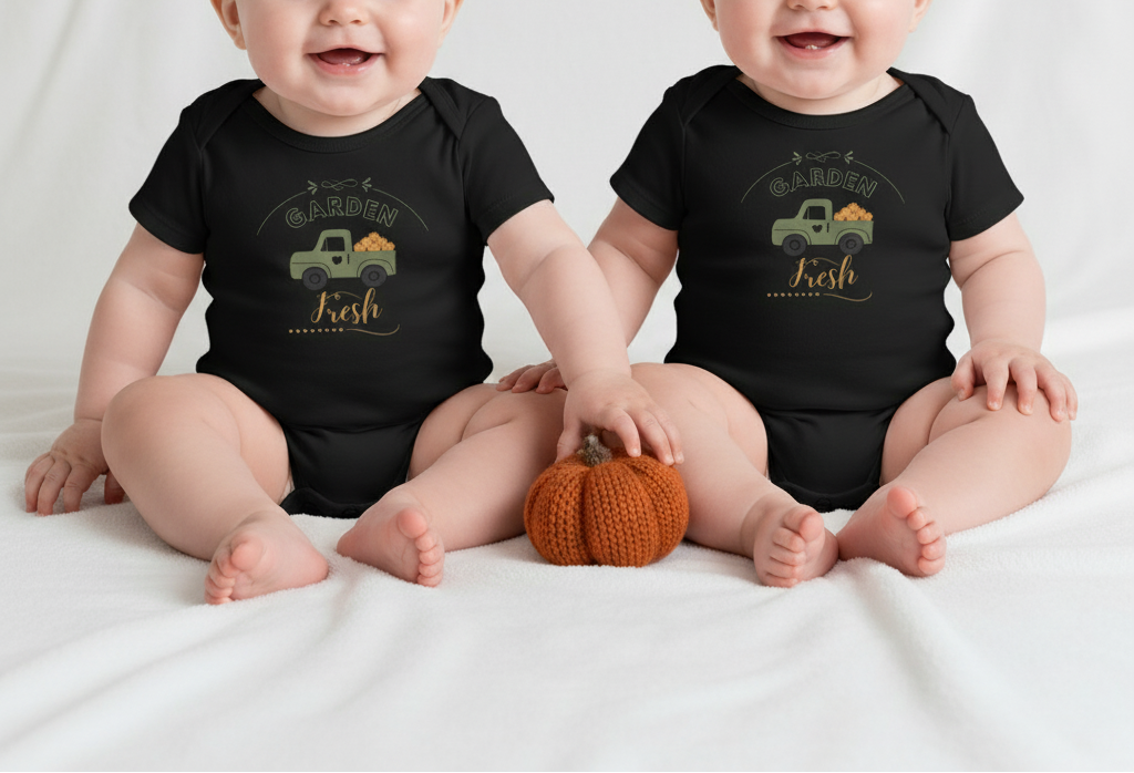 Two babies wearing black onesies with a pumpkin and truck design, sitting on a white surface.