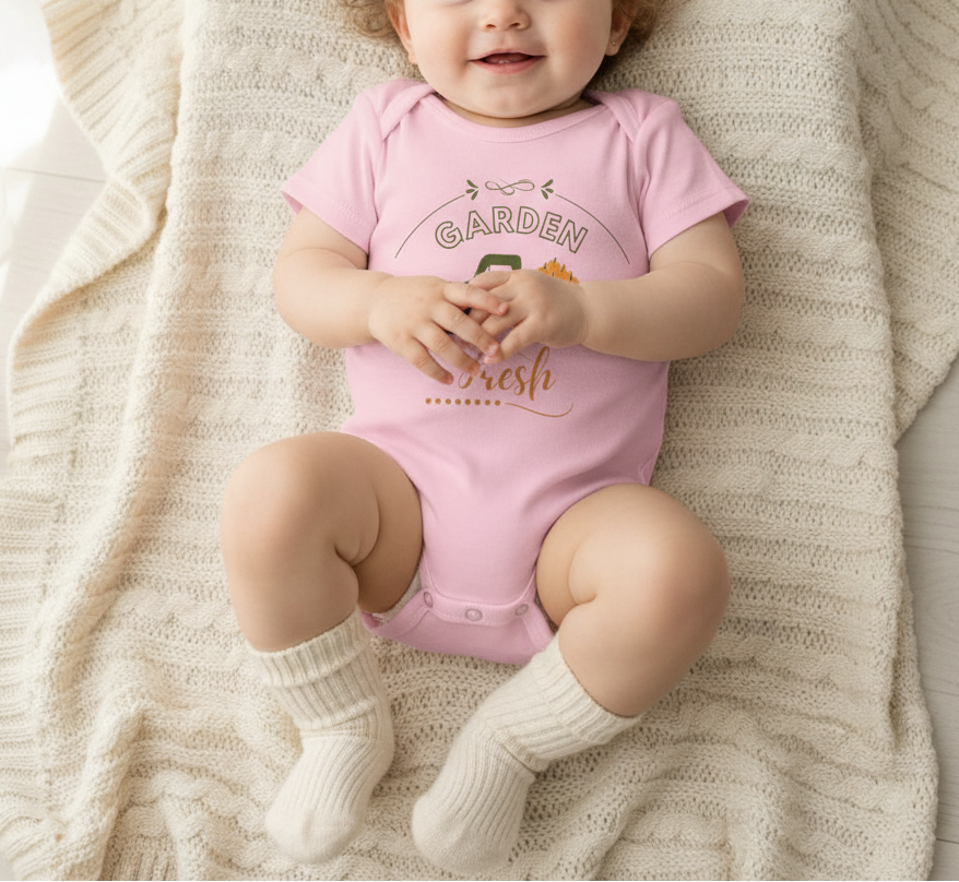 Baby wearing a pink onesie with text and graphics, sitting on a textured blanket.