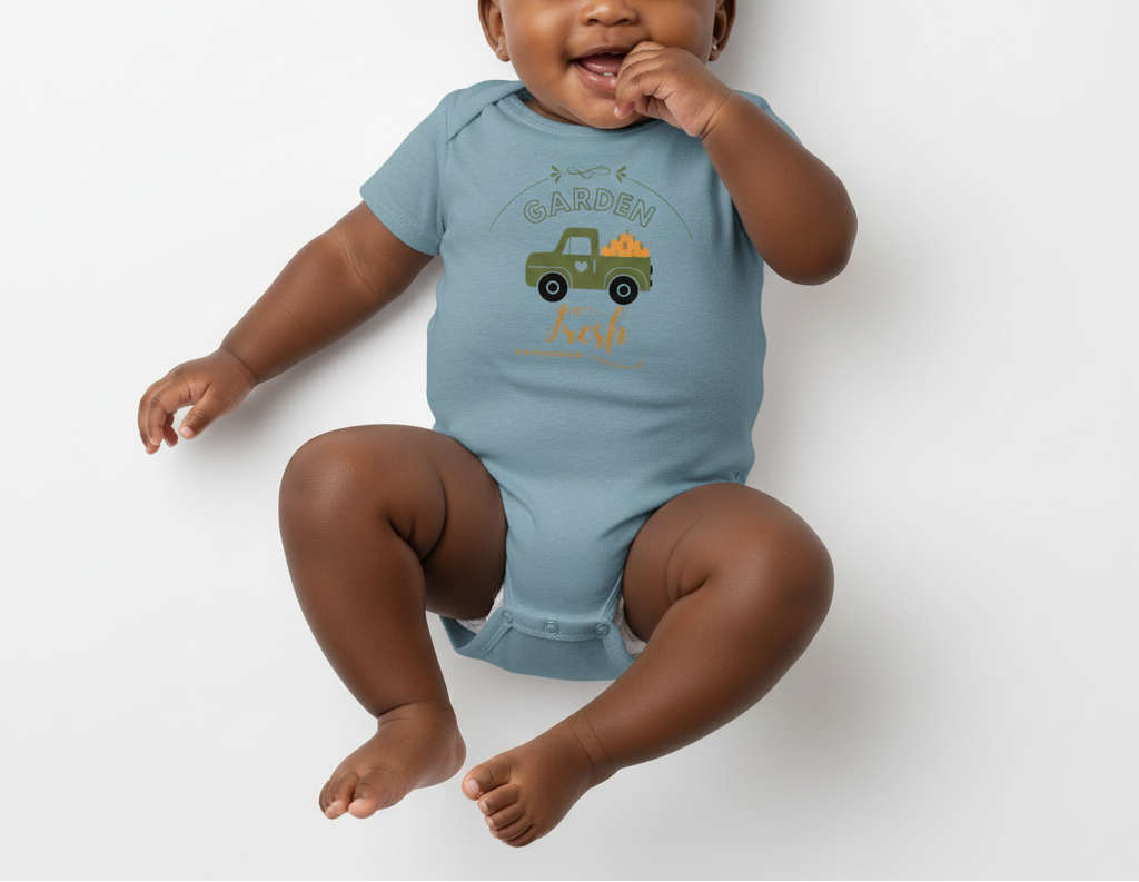 Baby wearing a light blue onesie with a truck graphic and text on a white background