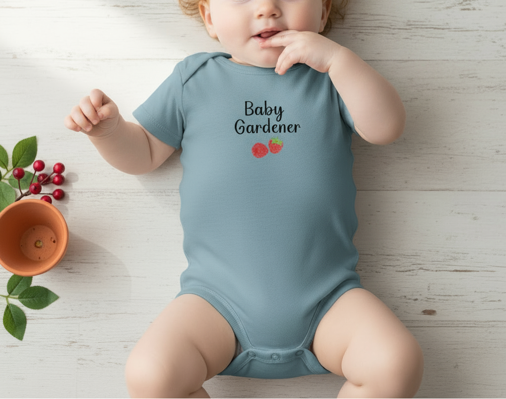 Baby in a 'Baby Gardener' onesie on a wooden floor with plants.