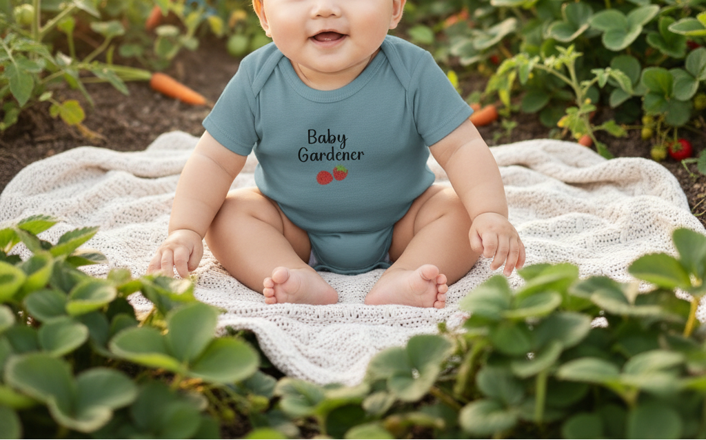 Baby wearing a 'Baby Gardener' onesie sitting on a blanket in a garden.