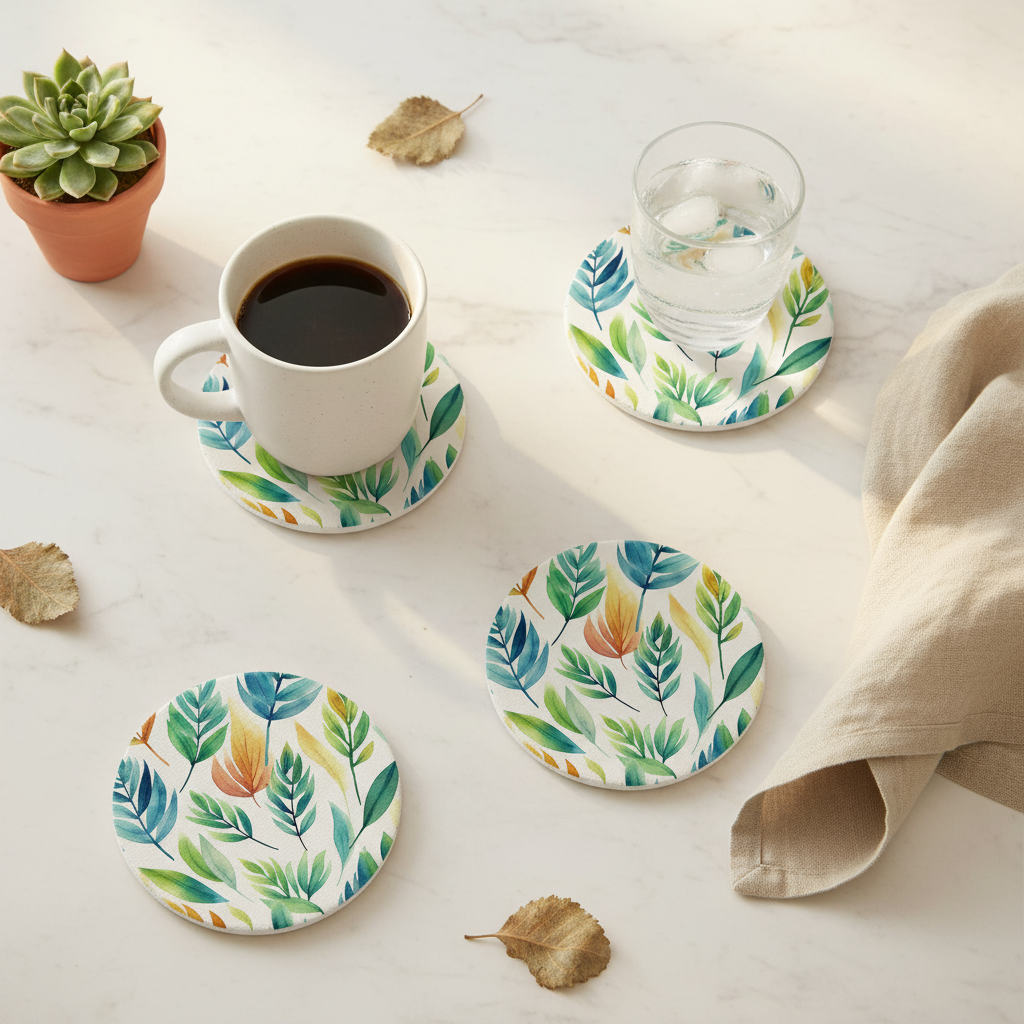 Coasters with leaf pattern on a table with a cup of coffee and a glass of water.