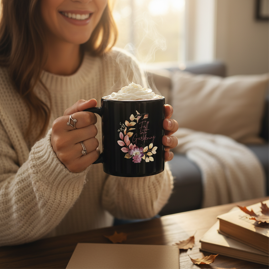 Person holding a mug with floral design and whipped cream, sitting in a cozy room.