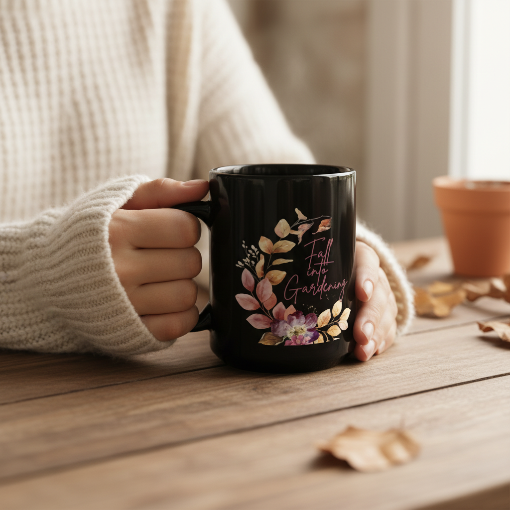 Person holding a black mug with floral designs and text on a wooden table.