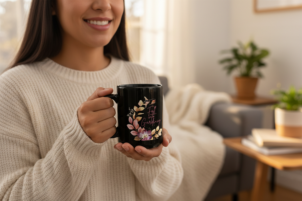 Fall into Gardening Black Glossy Mug