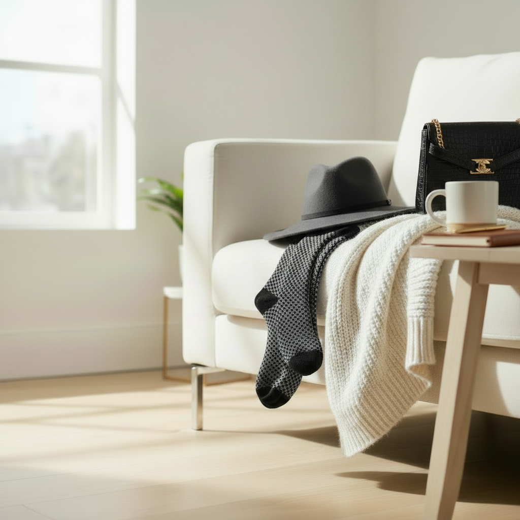 White armchair with a black hat, white blanket, and coffee cup in a bright room.
