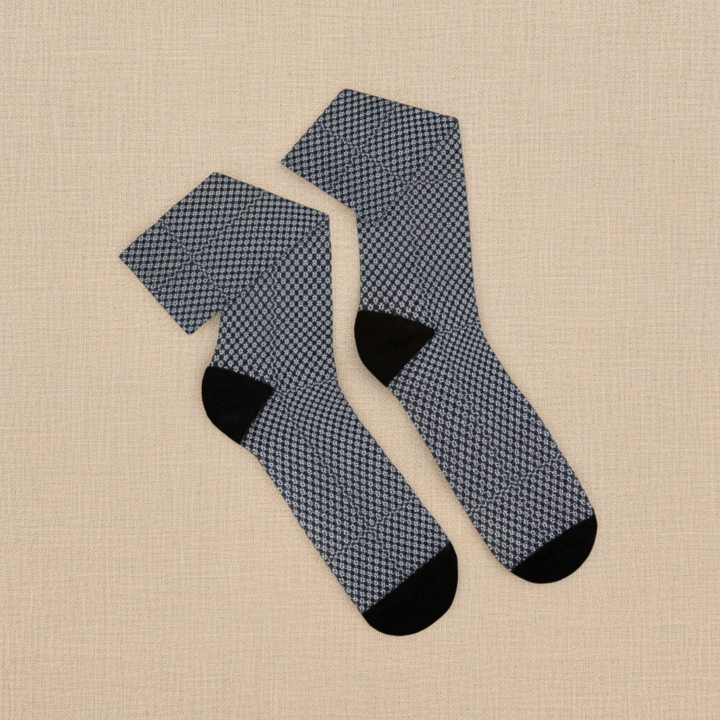 Pair of blue checkered socks with black toes and cuffs on a beige fabric background