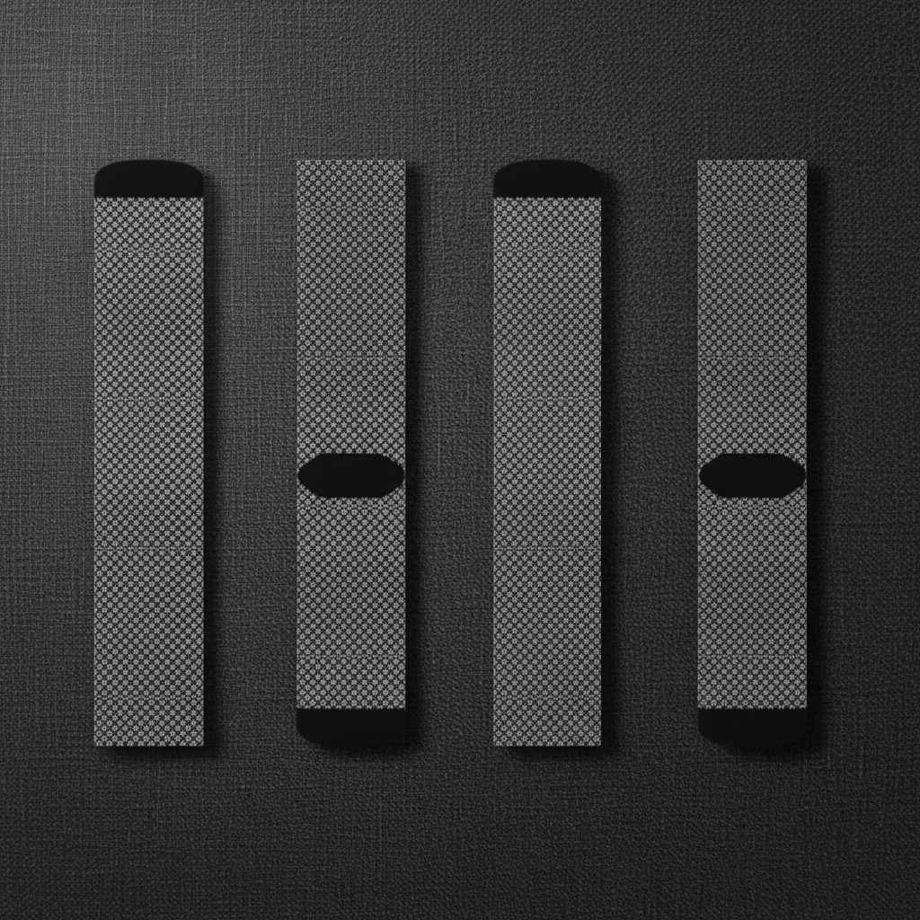 Four pairs of gray socks with black accents on a textured gray background