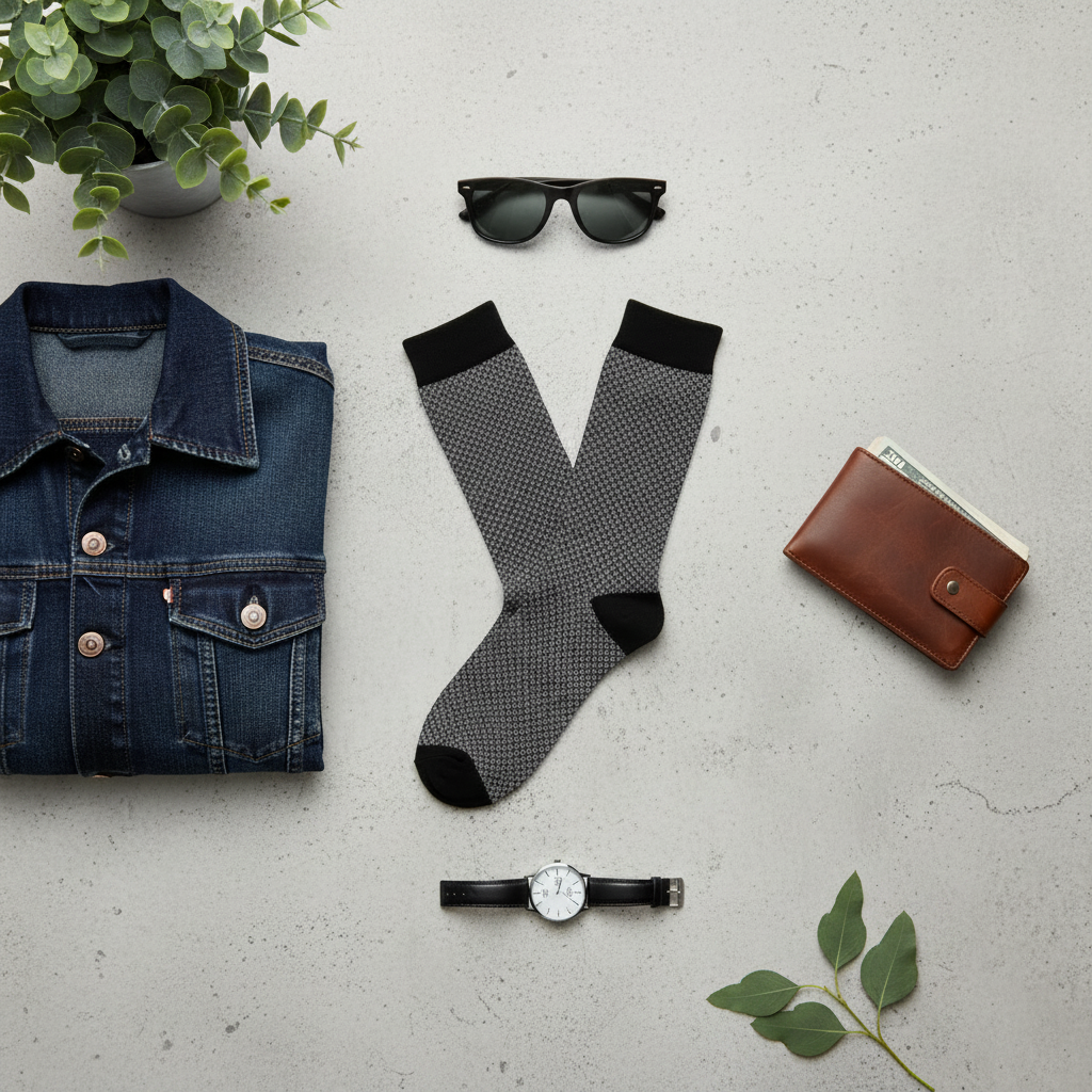 Flat lay of denim jacket, socks, sunglasses, wallet, and watch on a light gray surface with greenery.