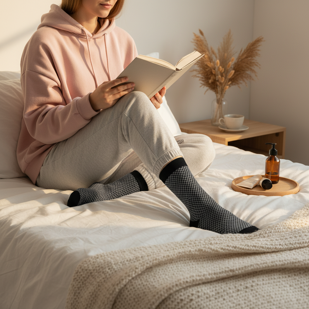 Person reading a book on a bed with a side table and cup in the background