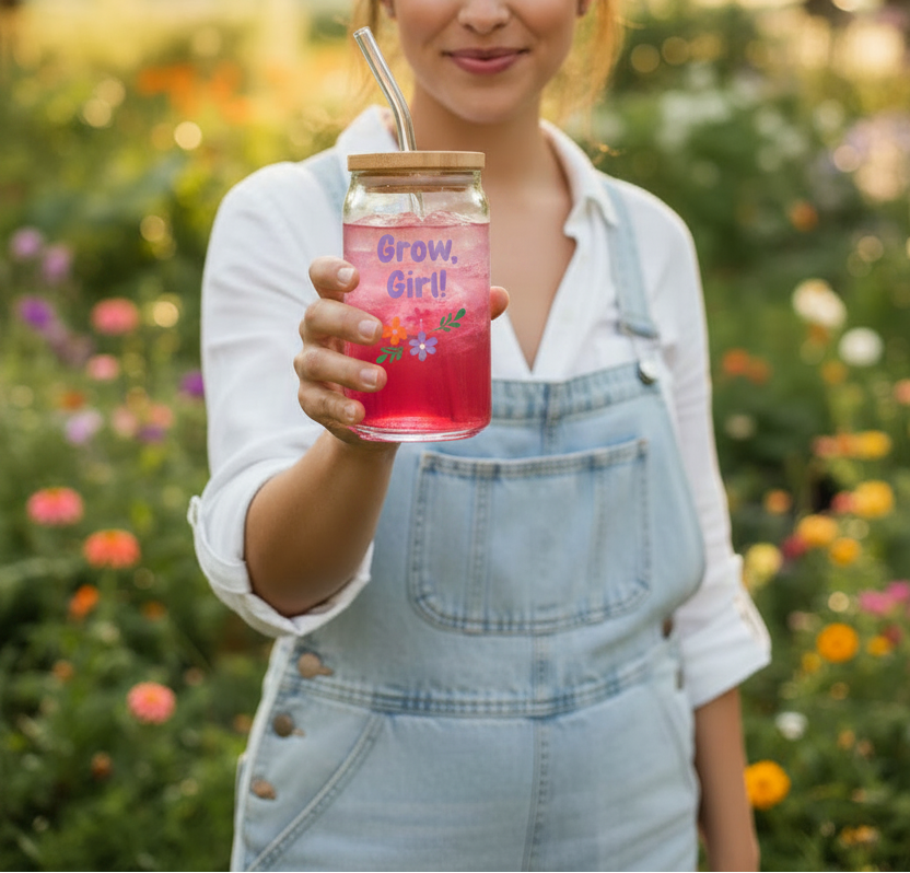 Person holding a pink drink in a mason jar with a straw, standing in a garden.