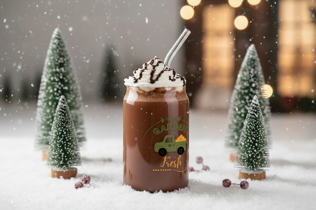 Milkshake in a jar with whipped cream and a straw, surrounded by small Christmas trees in the snow.