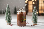 Milkshake in a jar with whipped cream and a straw, surrounded by small Christmas trees in the snow.