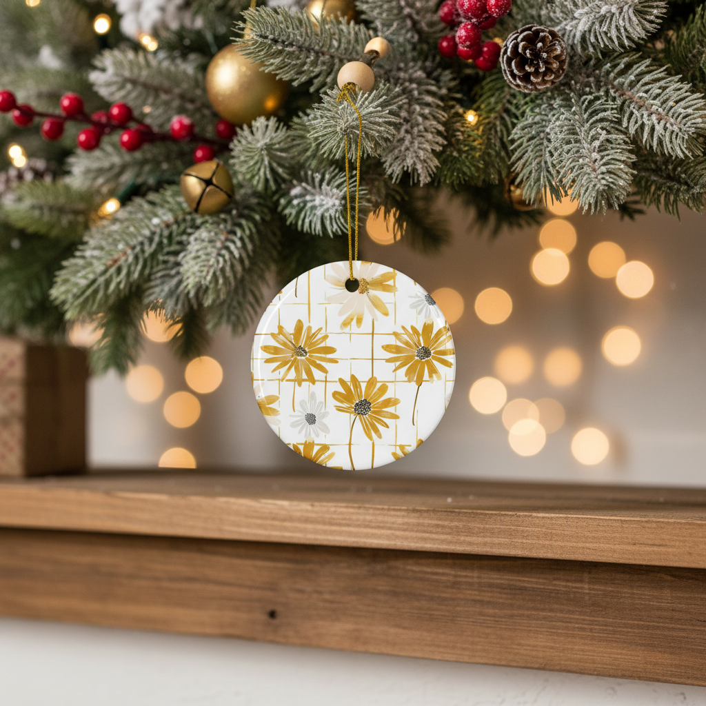Decorative ornament with floral pattern on a Christmas tree with lights in the background