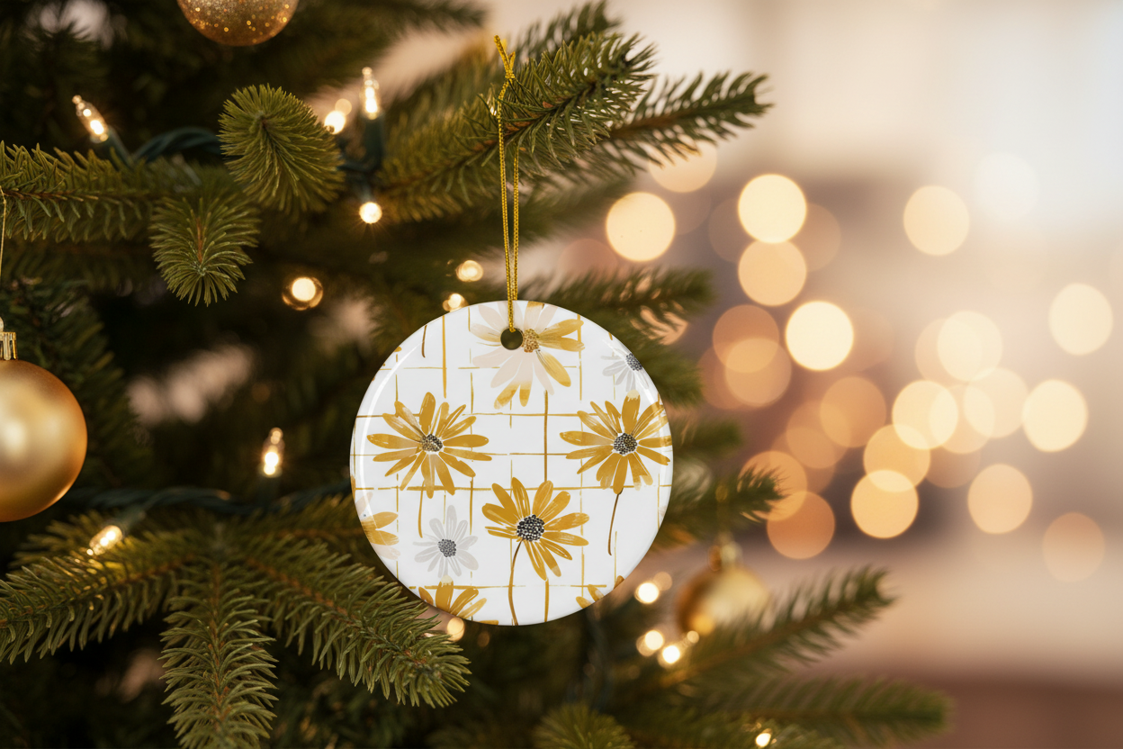 Decorative Christmas ornament with floral design on a tree with blurred lights in the background