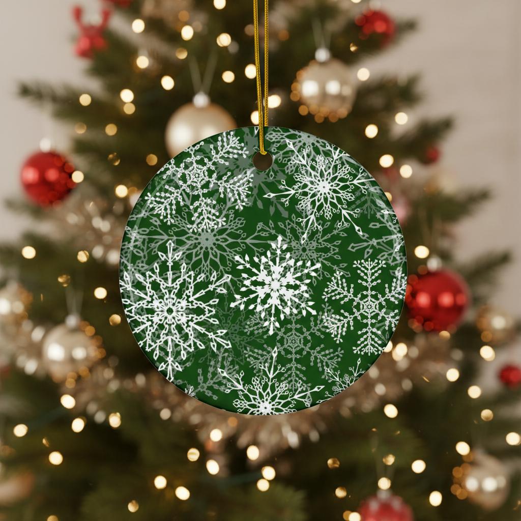 Green ornament with white snowflake pattern hanging on a decorated Christmas tree.