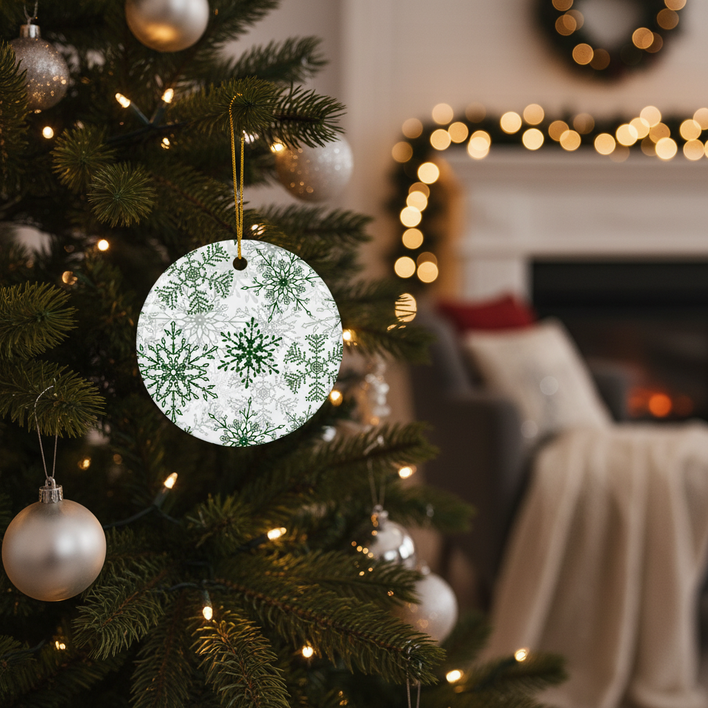 Decorative Christmas ornament with snowflake pattern on a Christmas tree.