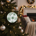 Decorative Christmas ornament with snowflake pattern on a Christmas tree.