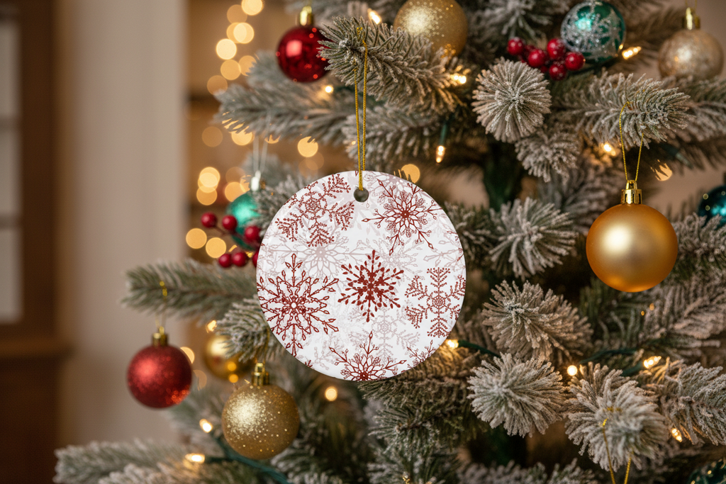 Decorative Christmas ornament with red snowflake pattern hanging on a tree.