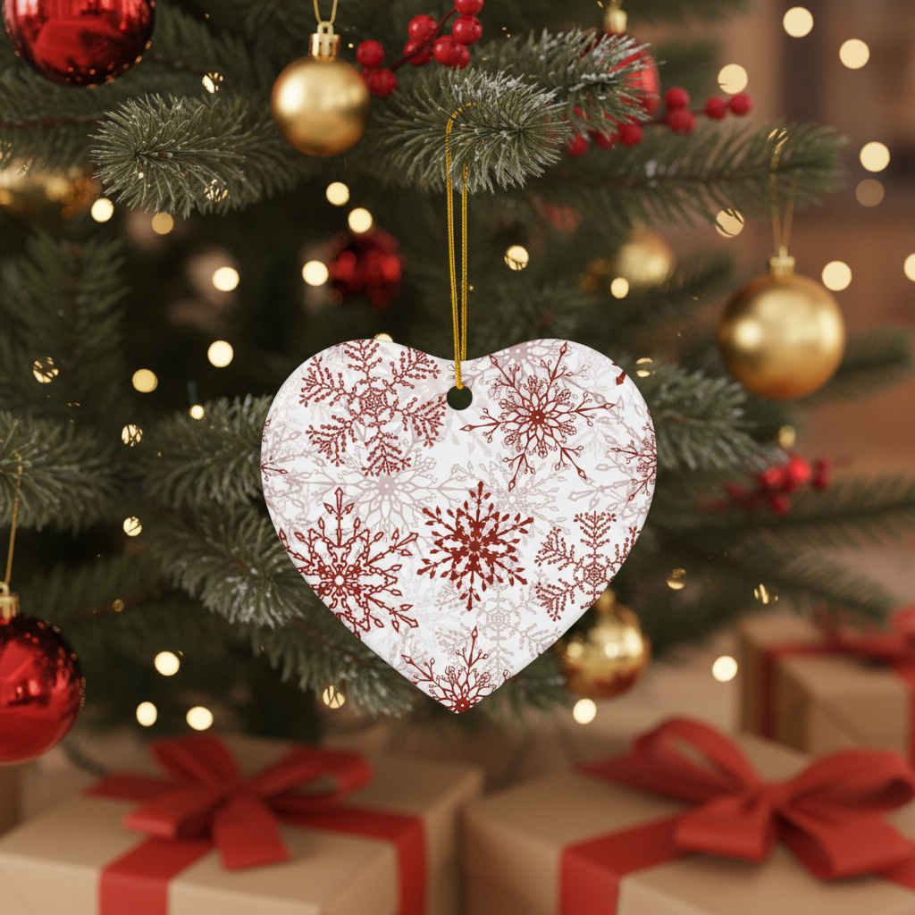 Heart-shaped snowflake ornament hanging on a decorated Christmas tree with lights and presents.