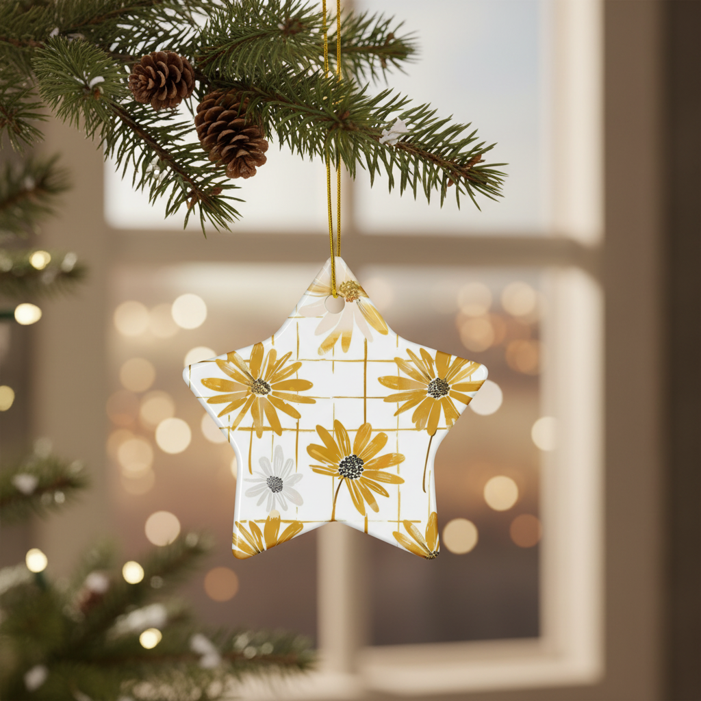 Star-shaped Christmas ornament with yellow floral design hanging on a tree branch.