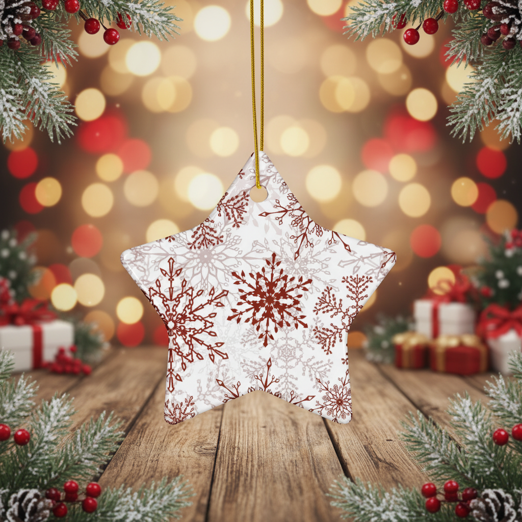 Star-shaped Christmas ornament with red snowflake design on a wooden surface with festive background