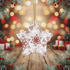 Star-shaped Christmas ornament with red snowflake design on a wooden surface with festive background