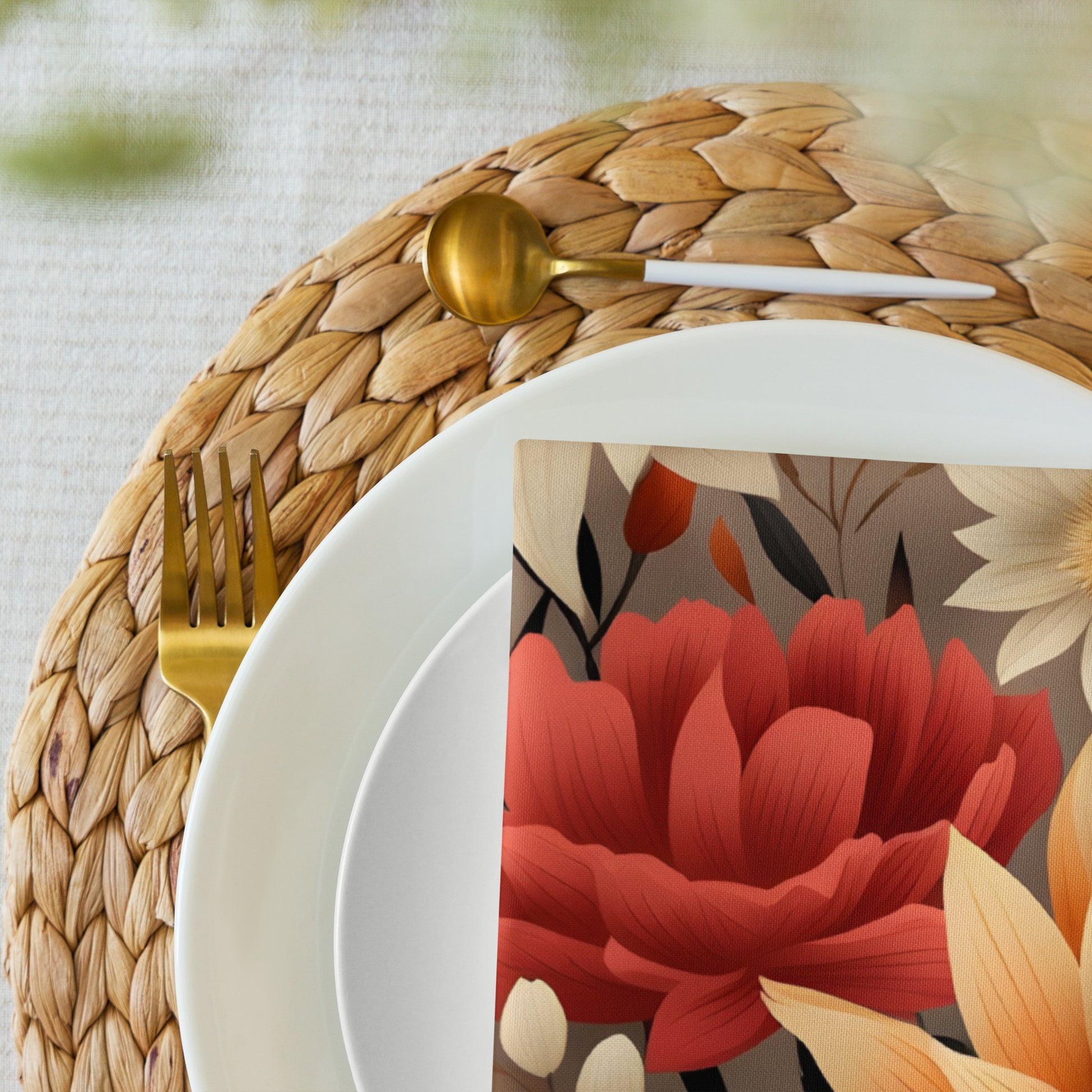 Plated dish with floral card and gold fork on woven placemat