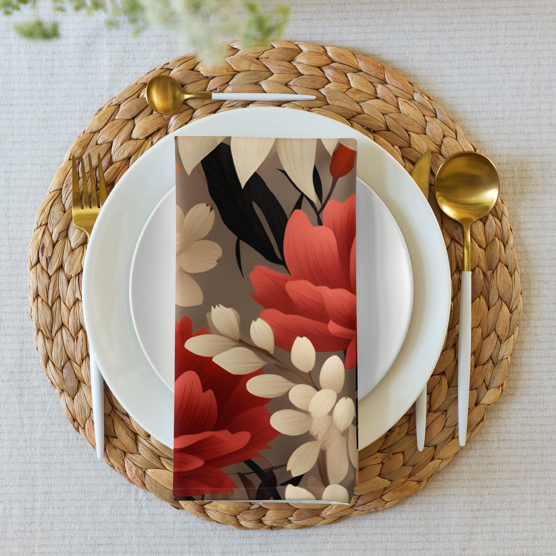 Floral design card on a table setting with plates, cutlery, and a woven placemat.