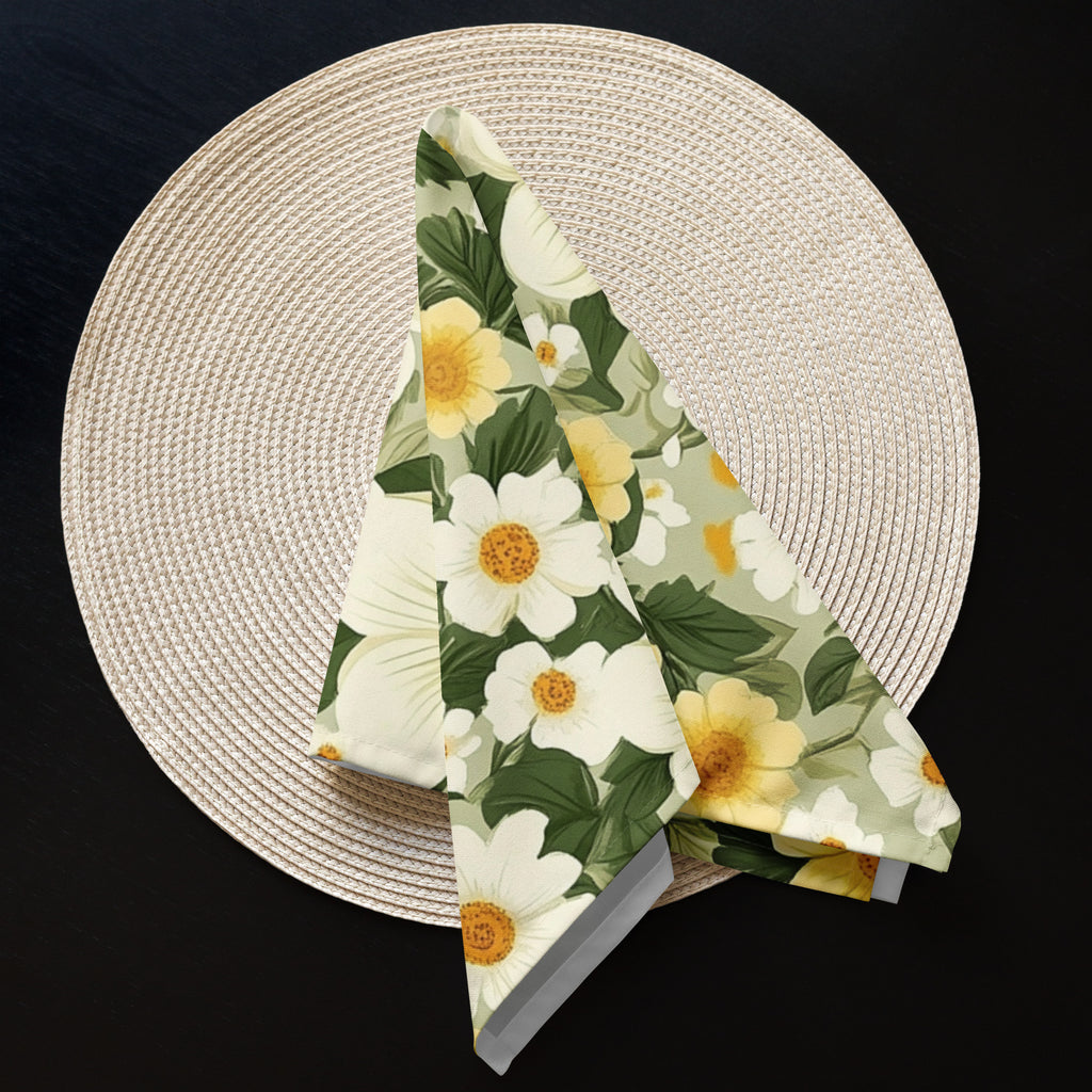 Floral patterned napkin on a woven placemat with a black background