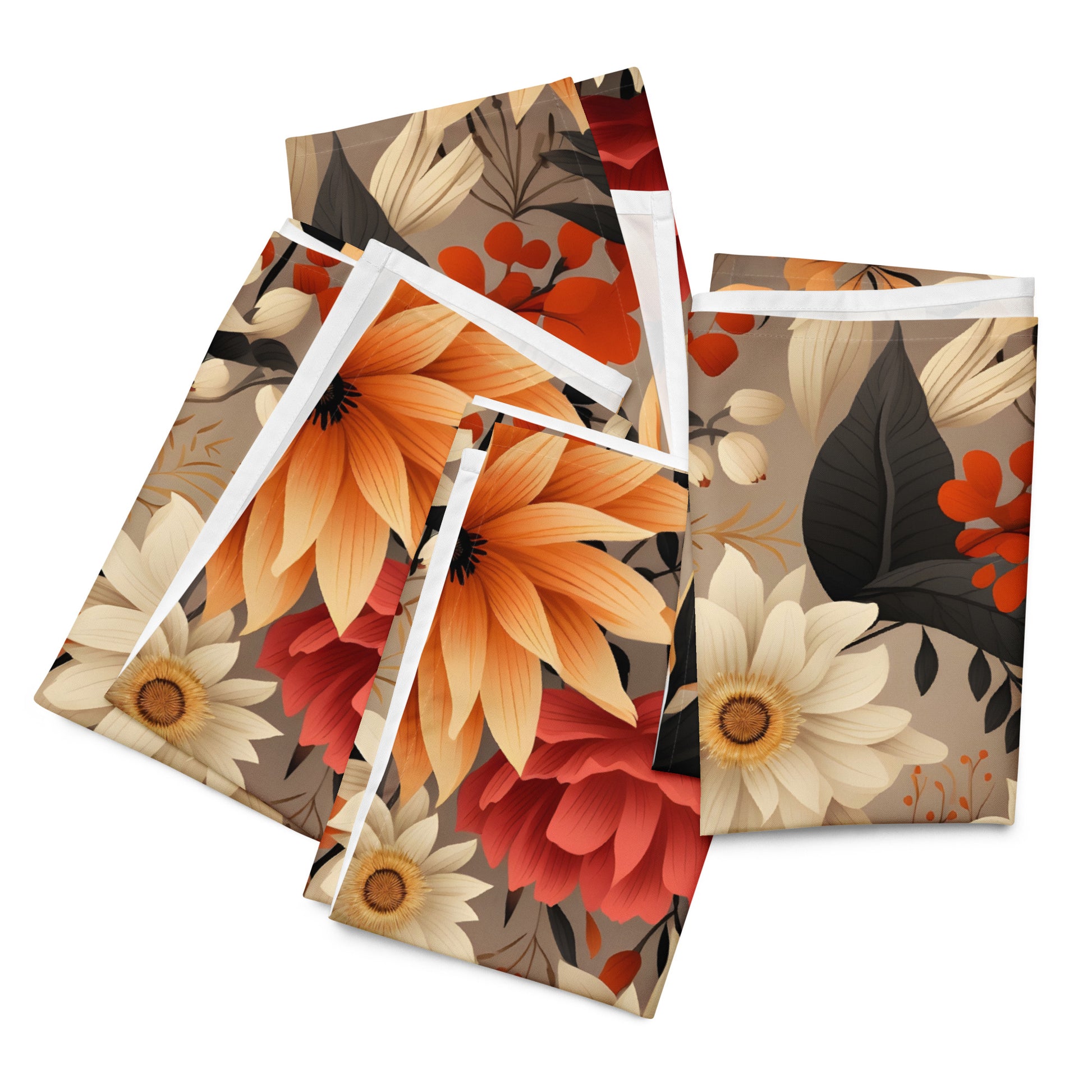 Floral patterned notebooks with orange, red, and beige flowers on a white background