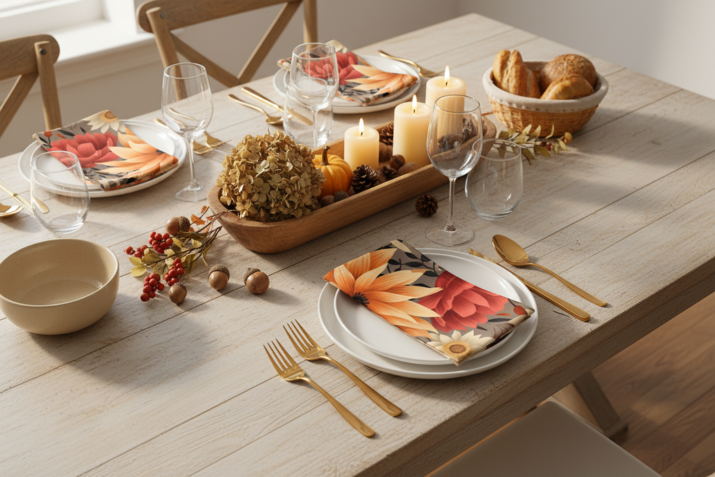 Dining table set for a meal with plates, cutlery, and decorative items.