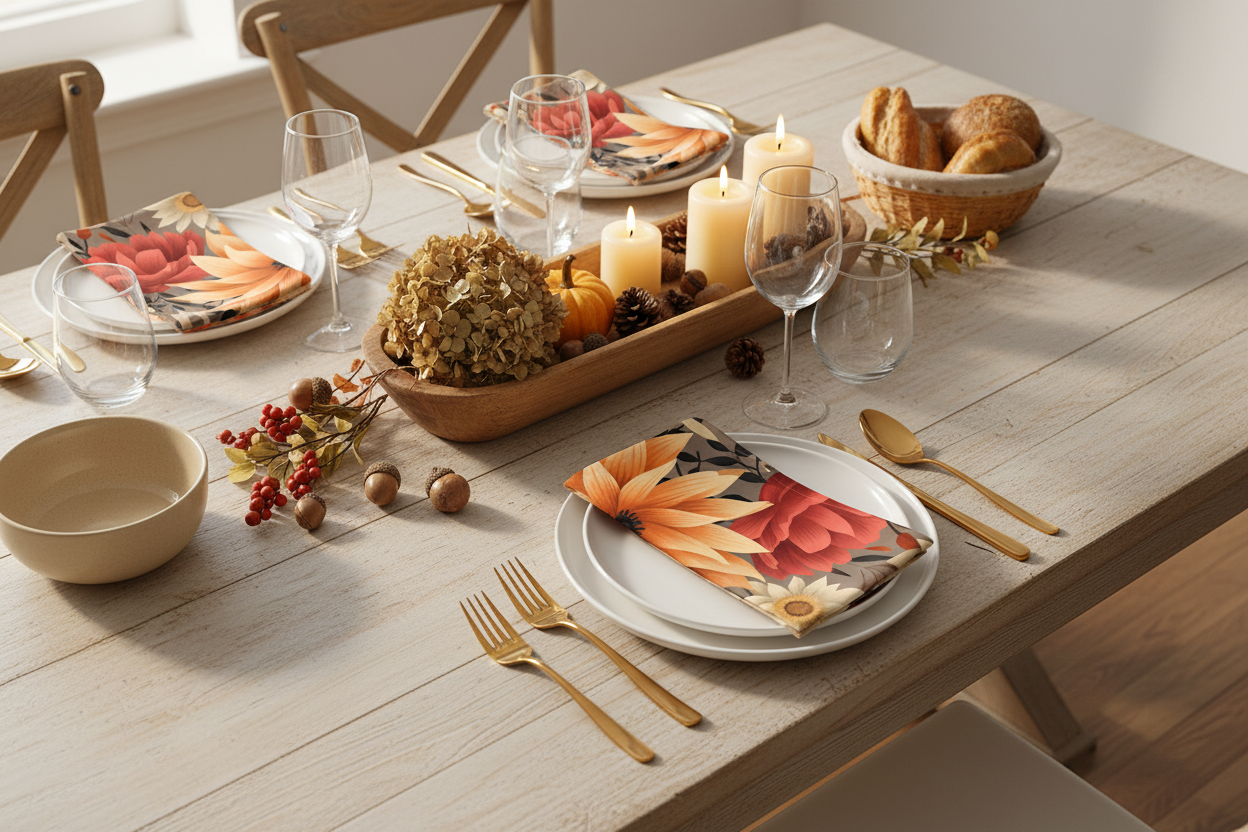 Dining table set for a meal with plates, cutlery, and decorative items.