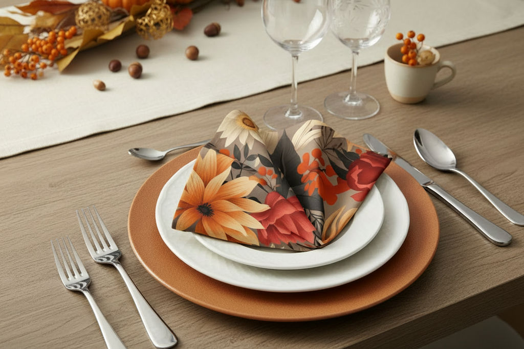 Dining table setting with floral napkin, plates, and cutlery on a wooden surface.