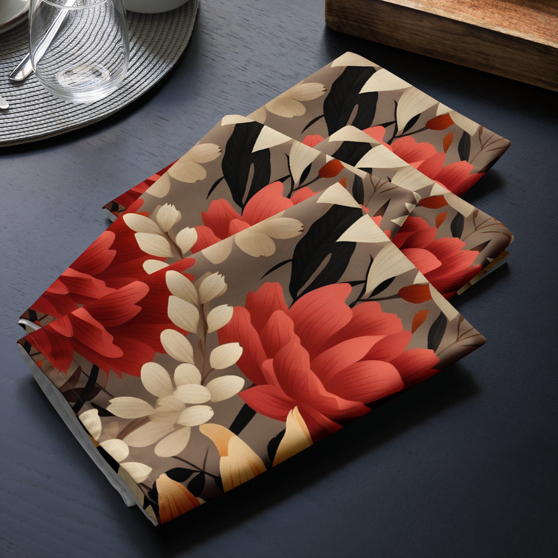 Set of floral coasters on a dark surface