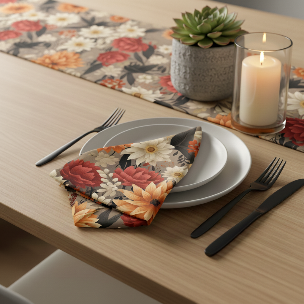Dining table setting with floral napkin, plates, cutlery, and candle.