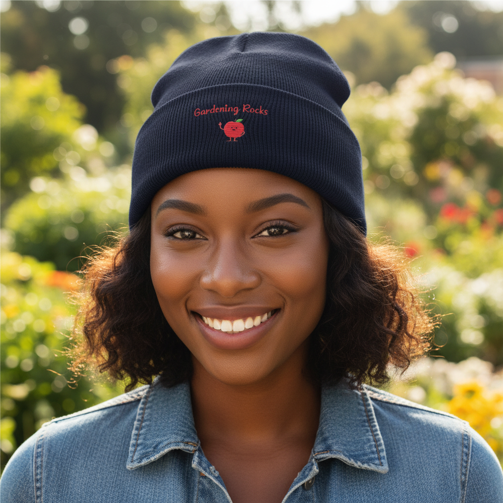 Woman wearing a navy beanie with embroidery in an outdoor setting