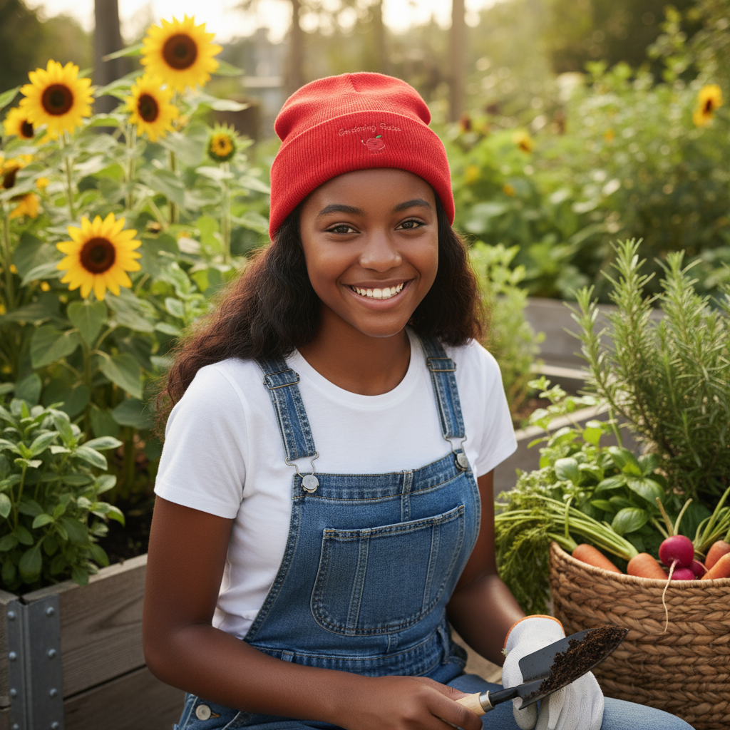Person in a garden with sunflowers and a basket of vegetables, wearing a red beanie and blue overalls.