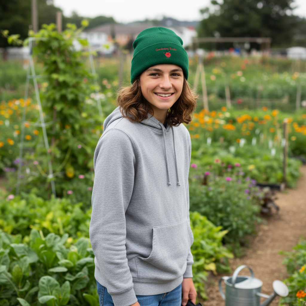 Person wearing a green beanie and gray hoodie standing in a garden with plants and flowers.