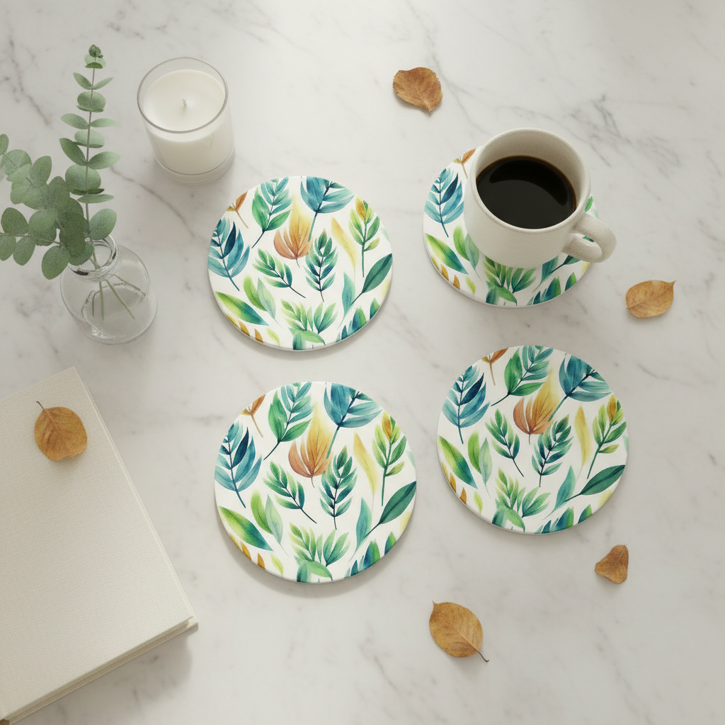 Set of four leaf-patterned coasters on a marble surface with a cup of coffee and candle.