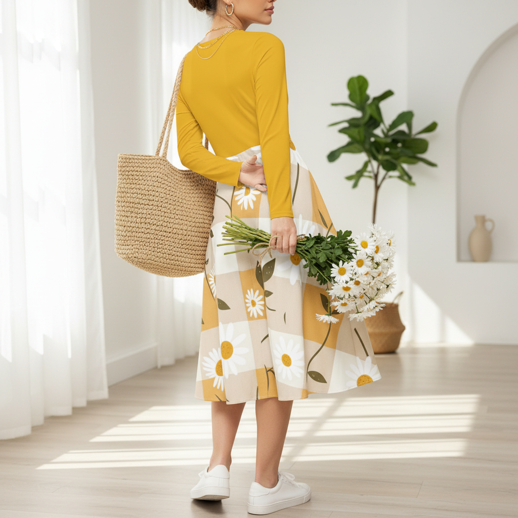 Woman in mustard yellow top and floral skirt holding flowers indoors