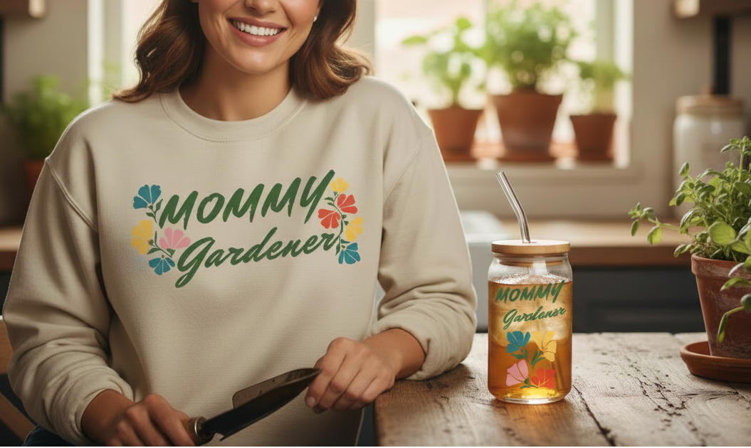 Glass tumbler with straw featuring 'Mommy Gardener' text and colorful floral design on a white background.