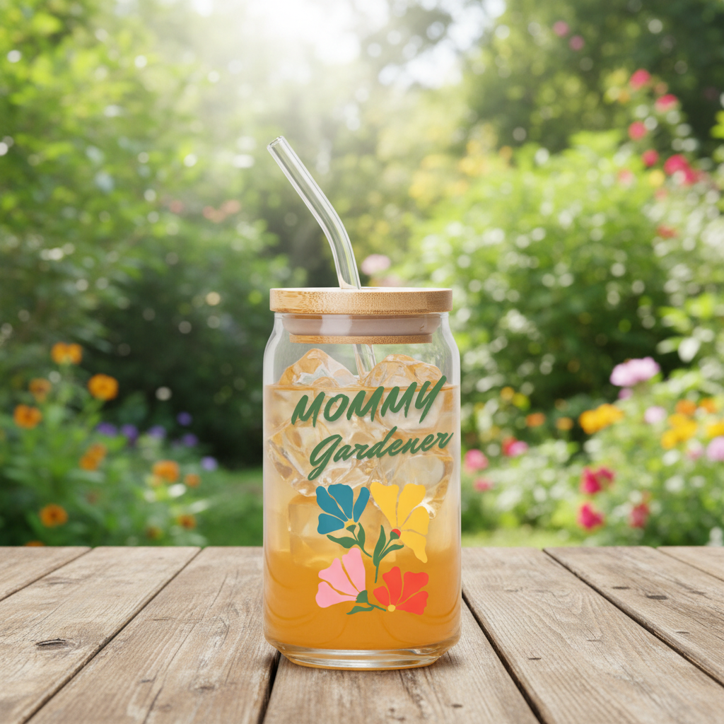 Mason jar tumbler with 'Mommy Gardener' text and floral design on a wooden table with a garden background.