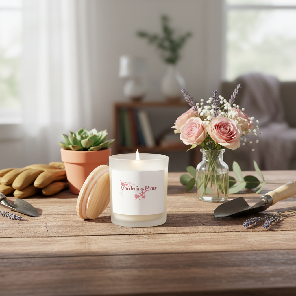 Candle with 'Wishing Peace' text on a wooden table with flowers and plants in the background